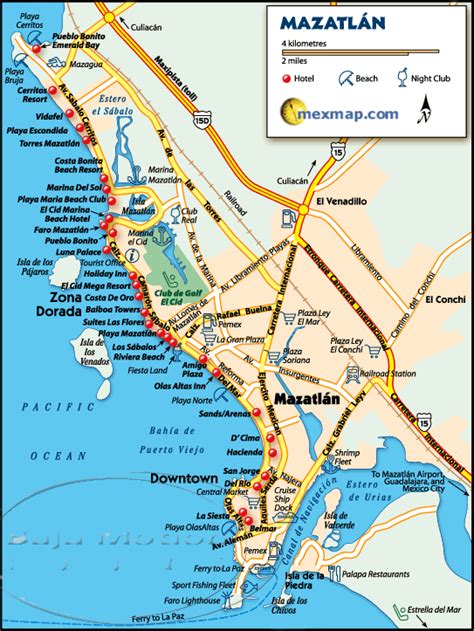 Hotels and Attractions on a Mazatlan map .